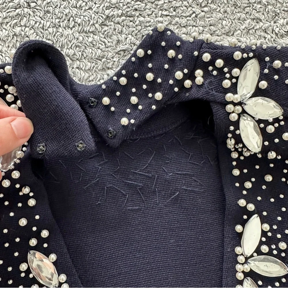 OUTLANDER Pearl & Jewel Trim Knit Dress Sz M Navy V-Back Long Sleeve